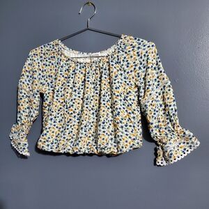 Speechless Girls White Crop Blouse Blue Yellow Flowers Floral 3/4 Sleeve Size L
